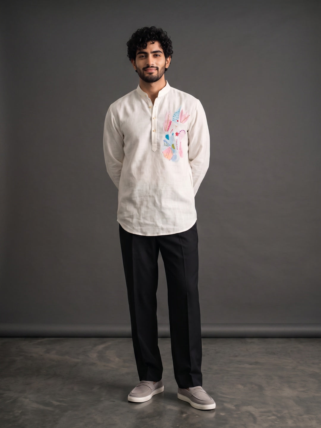 Cream Linen Regular Fit Shirt with Hand Print & Hand Work