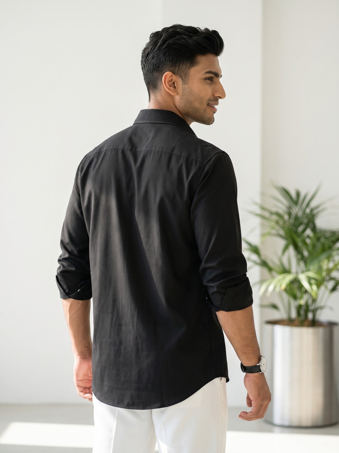 Black Crepe-Tejin Slim Fit Cut & Sew Shirt with Twin Flap Pockets