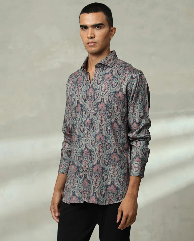 Peacock Print Green Full Sleeves Men's Cotton Shirt