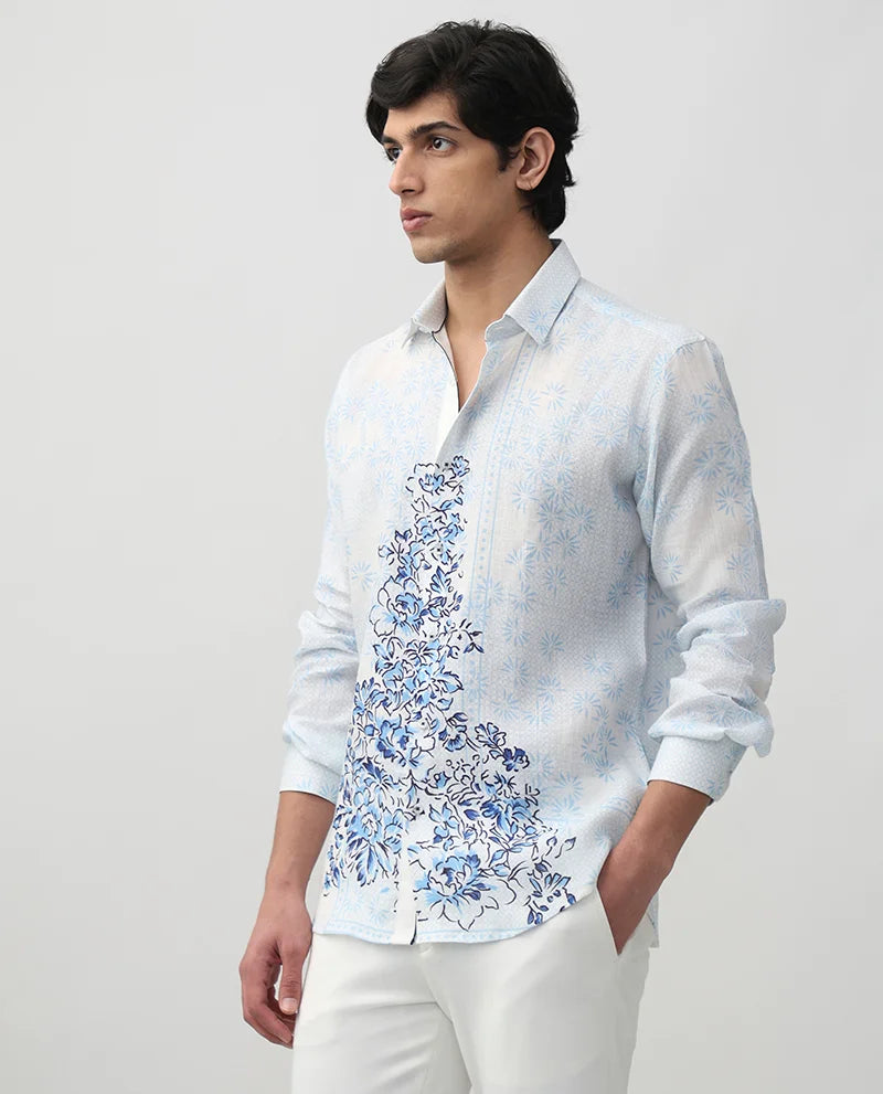 Sky Blue Linen Slim Fit Men's Printed Shirt