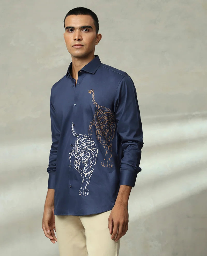 Navy Tiger Printed Luxury Quality Branded Cotton Men's Shirt