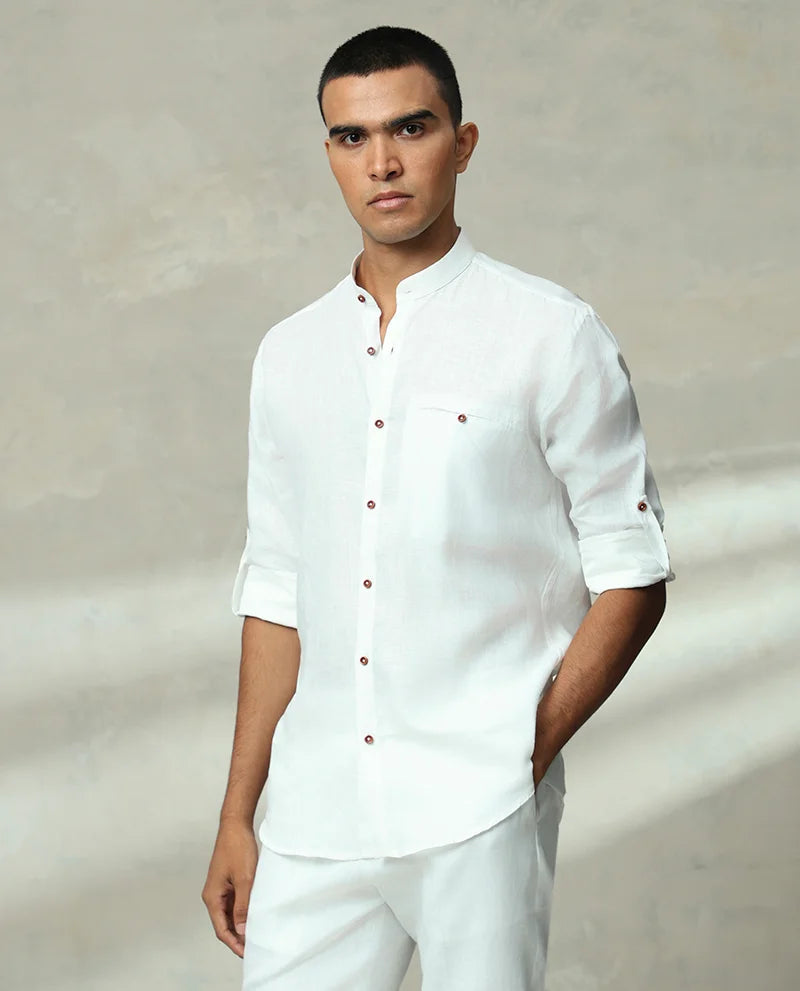 White Plain Chinese Collar Men Cotton Premium Quality Luxury Shirt