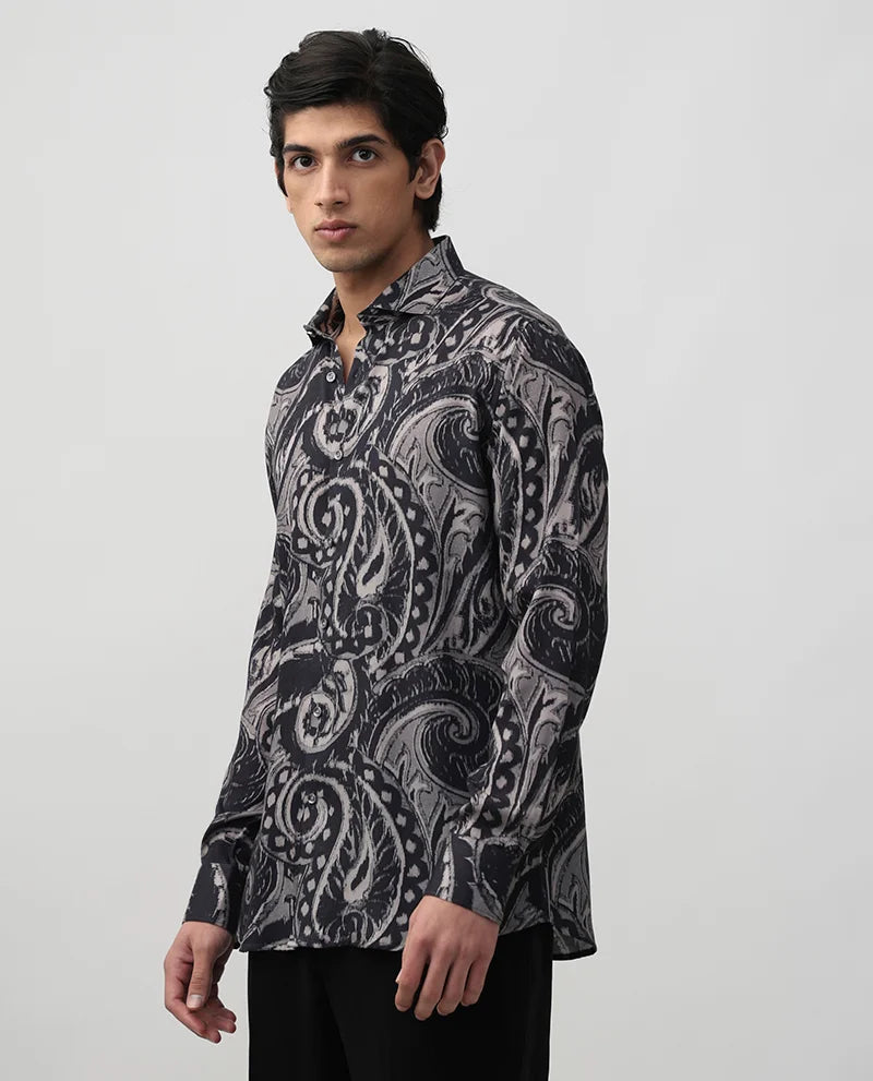 Men's Dark Grey Paisley Printed Tencel Party Wear Shirt