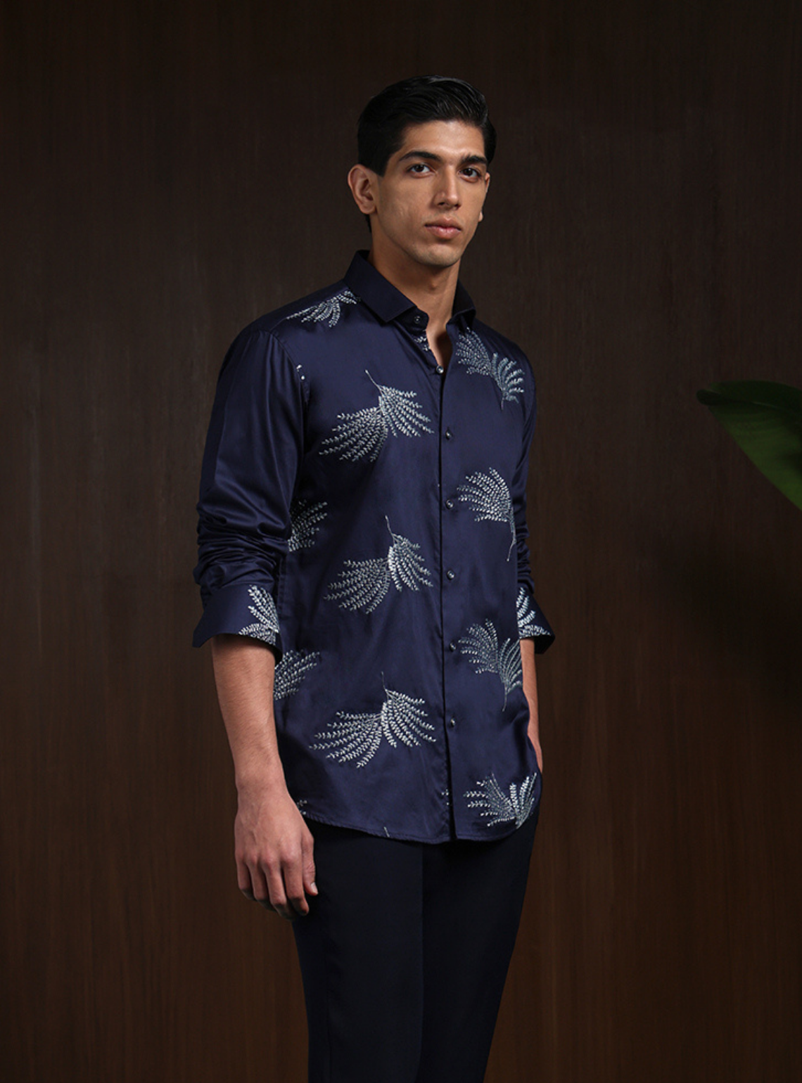 Navy Blue Slim Fit Cotton Shirt with Elegant Embroidery Detailing