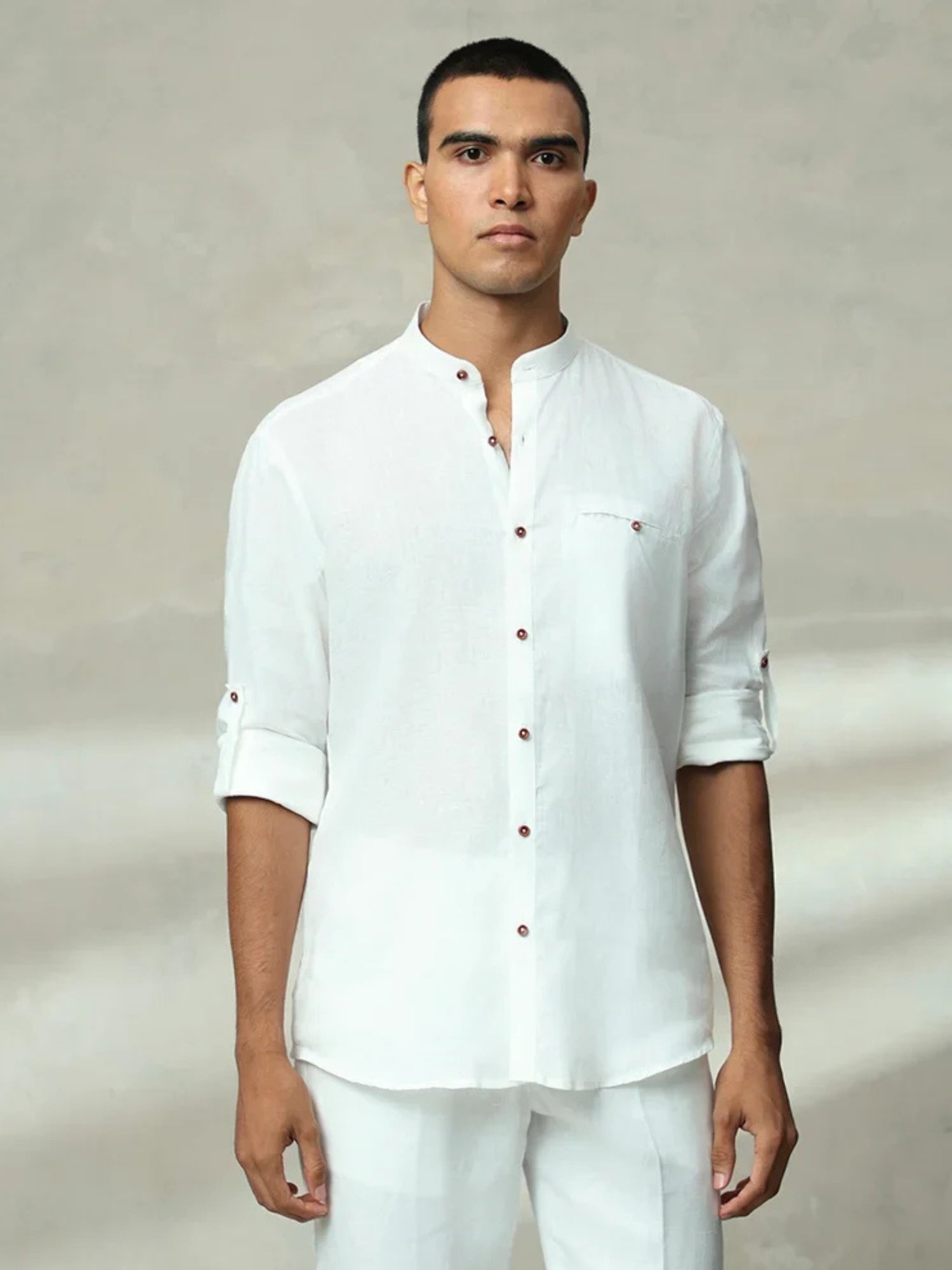 WHITE PLAIN CHINESE COLLAR LINEN SLIM FIT SHIRT