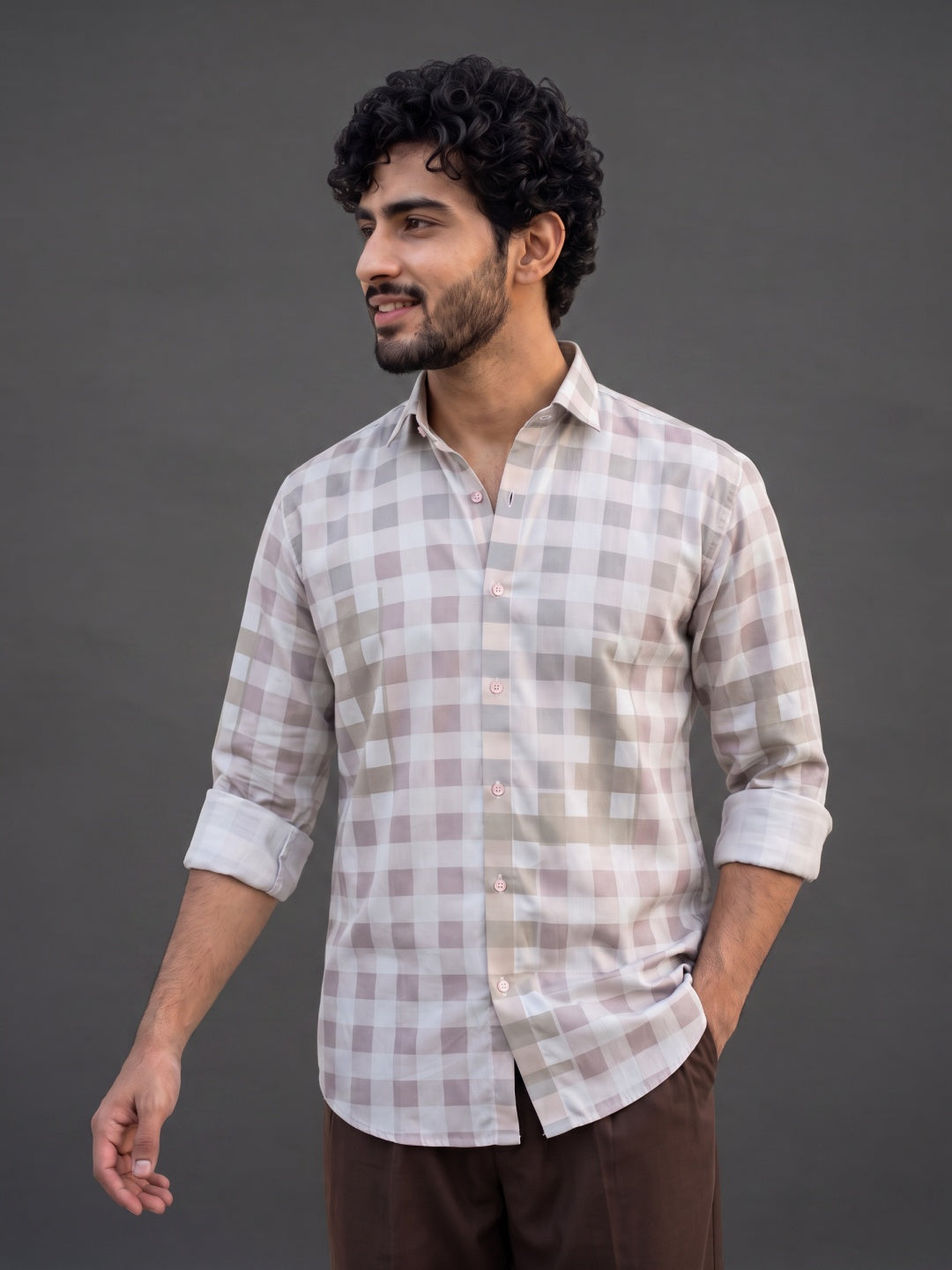 Onion Pink Cotton Slim Fit Check Shirt