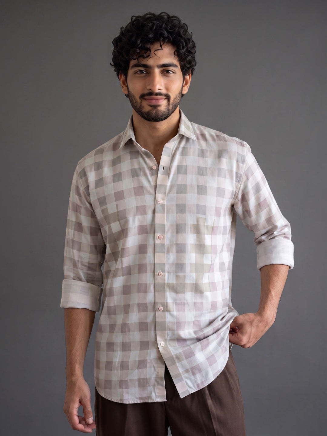Onion Pink Cotton Slim Fit Check Shirt