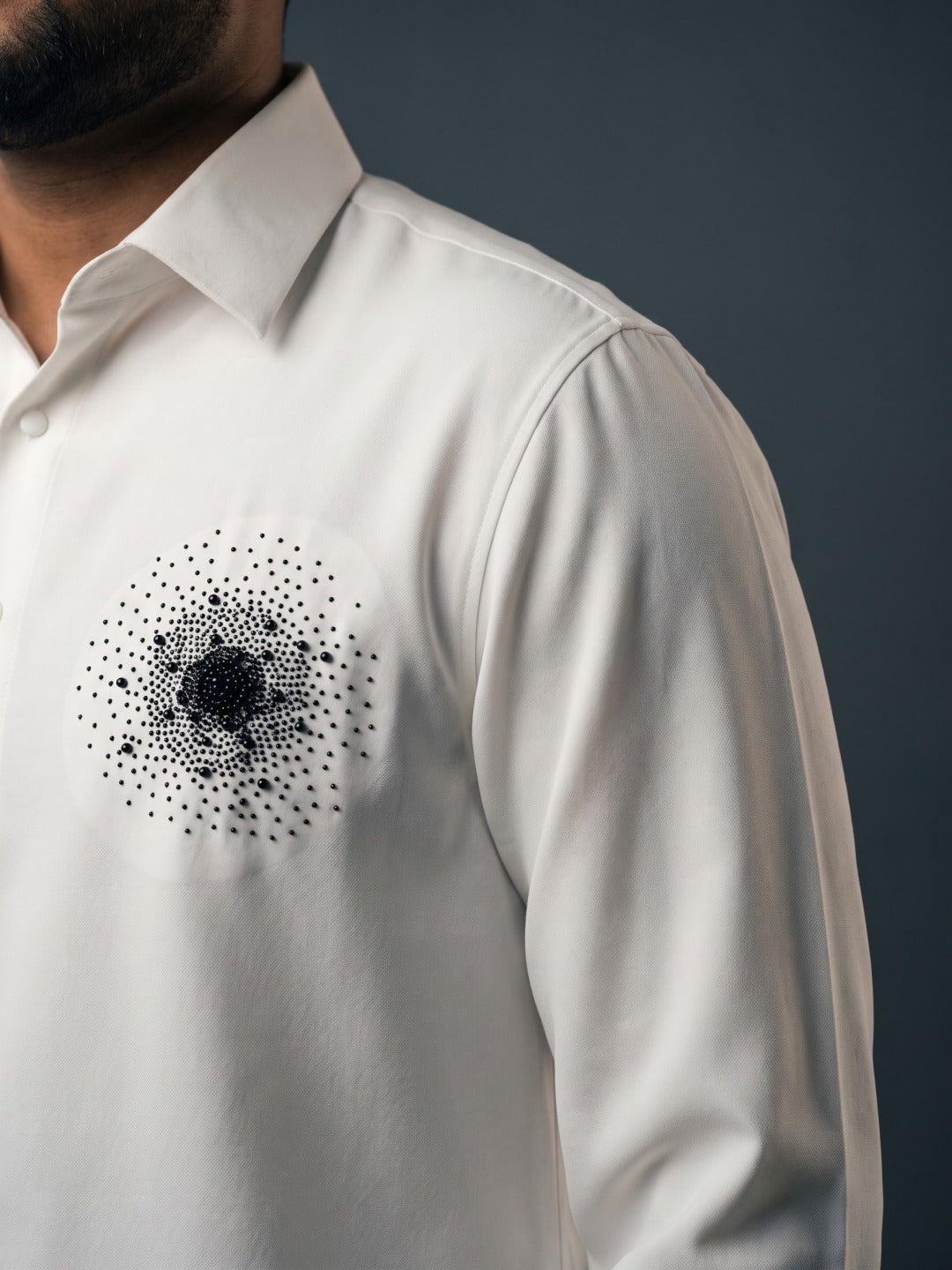 White Indonesian-Popstar Slim Fit Shirt with Radial Starburst Hand Work
