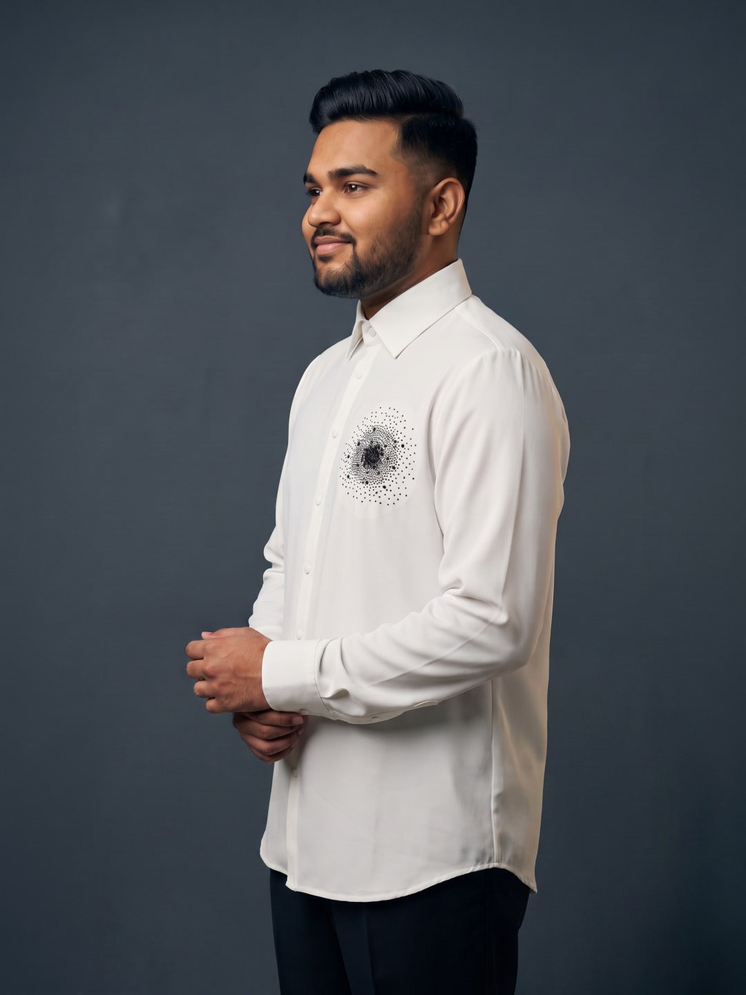 White Indonesian-Popstar Slim Fit Shirt with Radial Starburst Hand Work