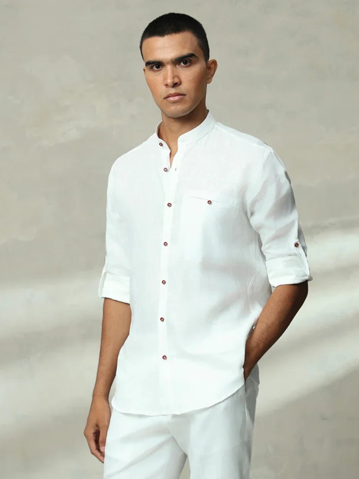WHITE PLAIN CHINESE COLLAR LINEN SLIM FIT SHIRT