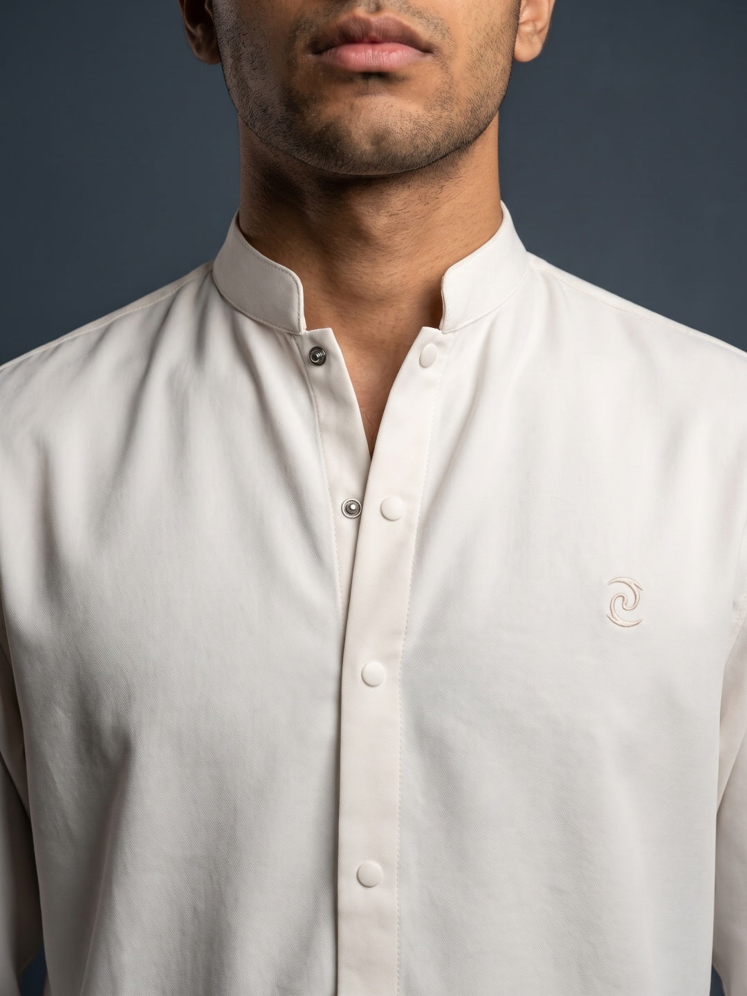 Cream Japanese-Boomariyo Slim Fit Shirt with Chinese Collar, Plain/Embroidery