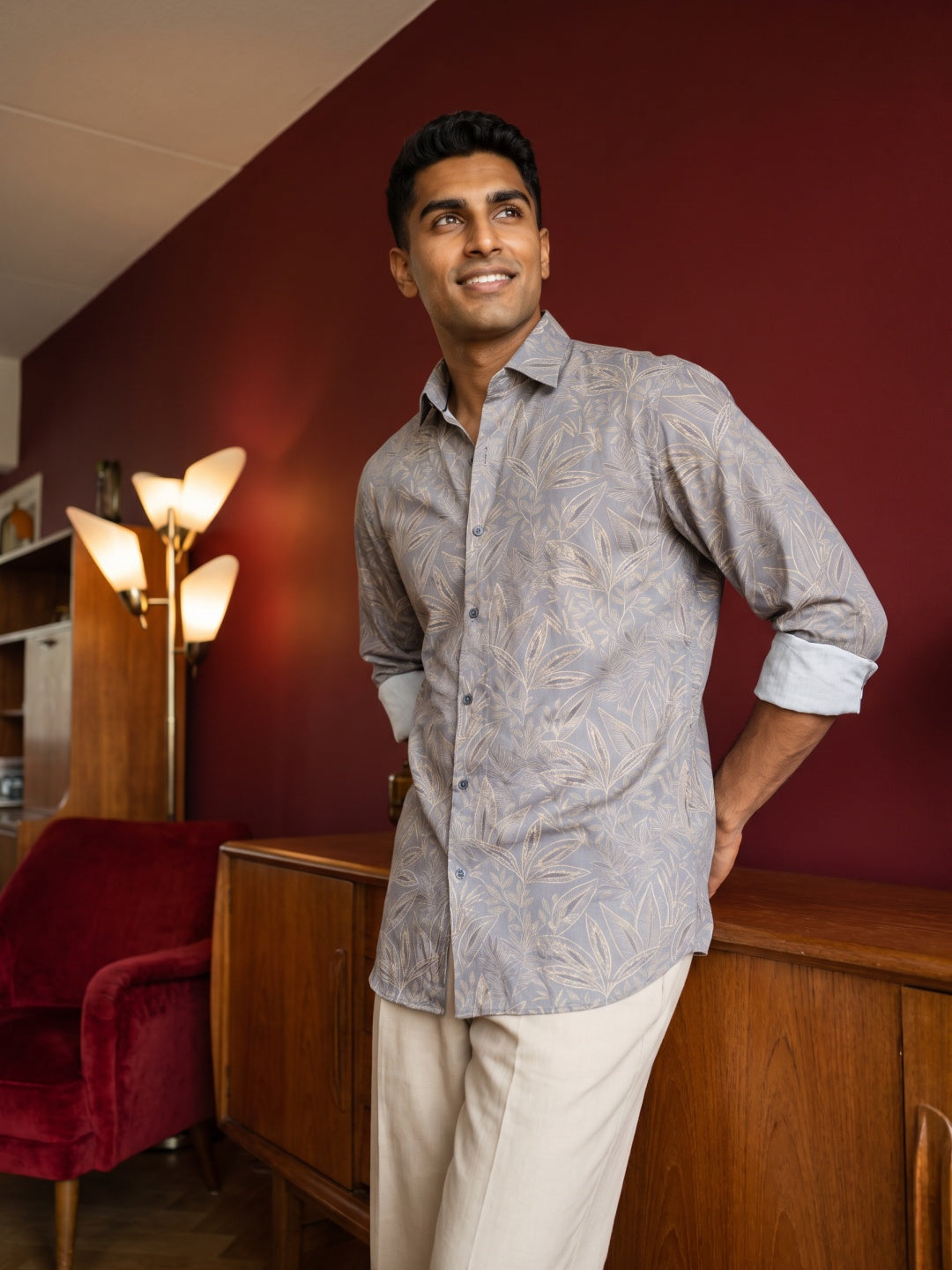 Light Grey Poly Lycra Slim Fit Printed Shirt