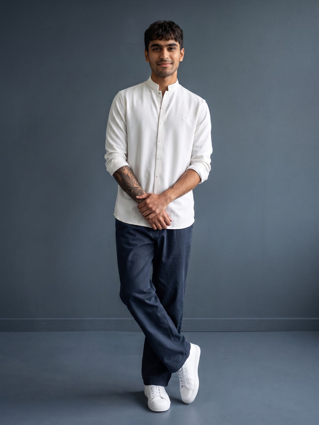Cream Japanese-Boomariyo Slim Fit Shirt with Chinese Collar, Plain/Embroidery