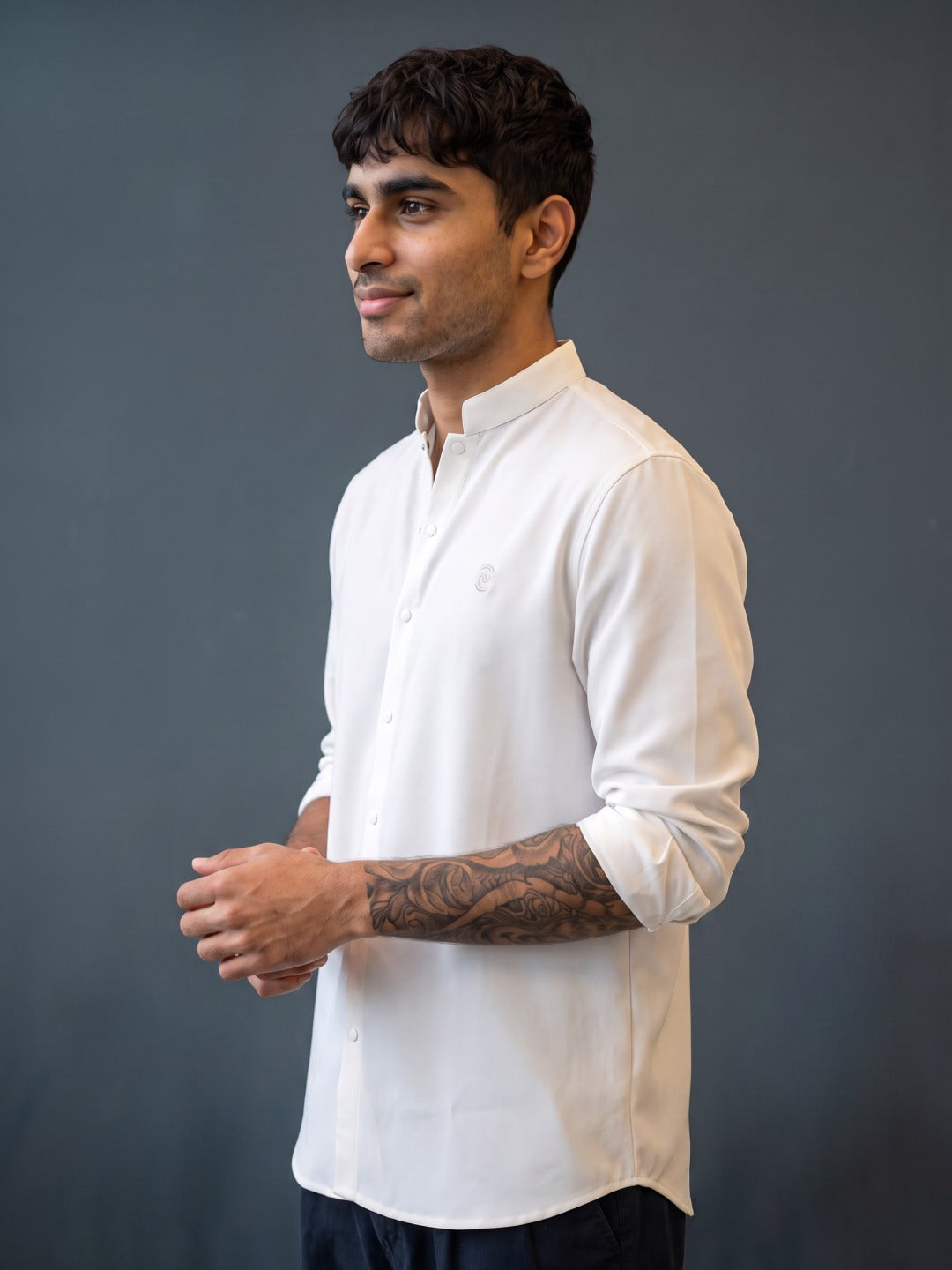 Cream Japanese-Boomariyo Slim Fit Shirt with Chinese Collar, Plain/Embroidery
