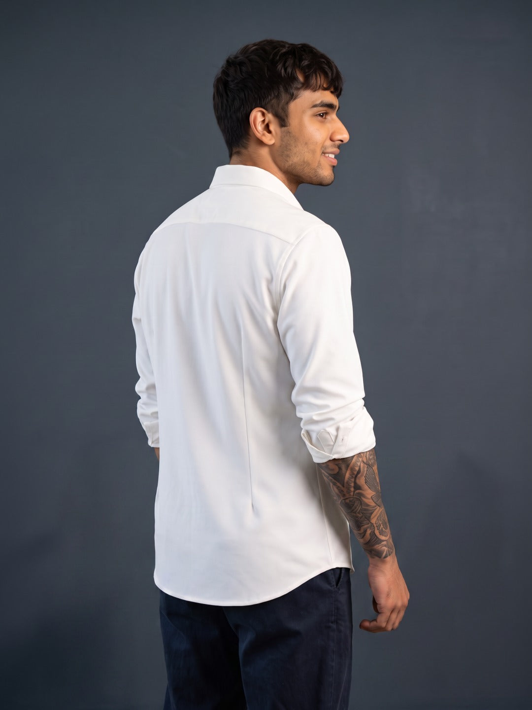 Cream Japanese-Boomariyo Slim Fit Shirt with Chinese Collar, Plain/Embroidery