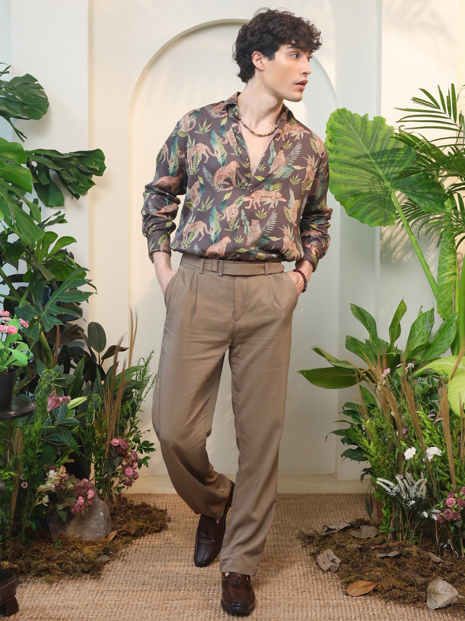 Brown Leopard & Floral Print Full Sleeve Shirt