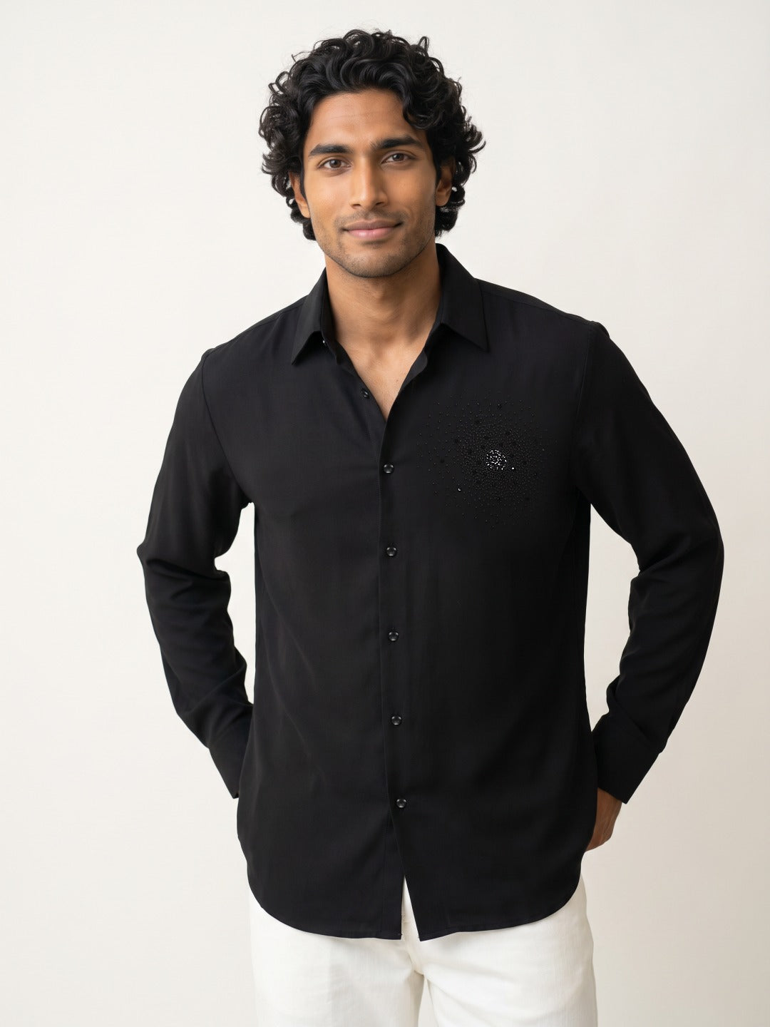 Black Indonesian-Popstar Slim Fit Shirt with Radial Starburst Hand Work