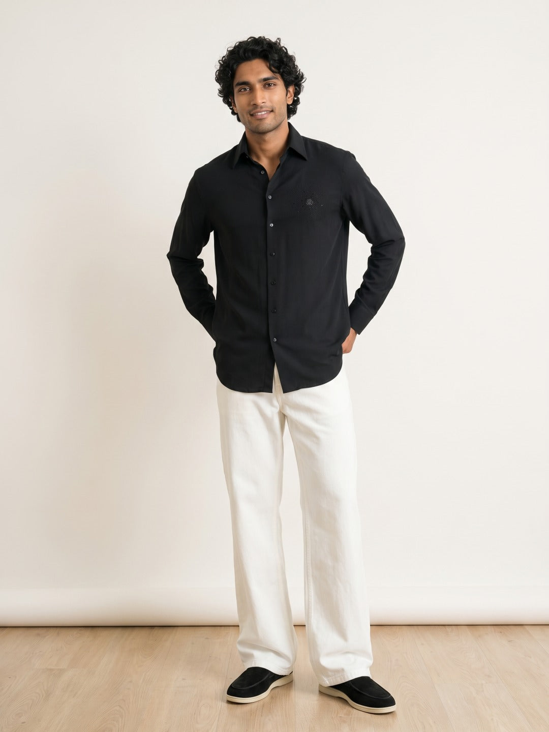 Black Indonesian-Popstar Slim Fit Shirt with Radial Starburst Hand Work