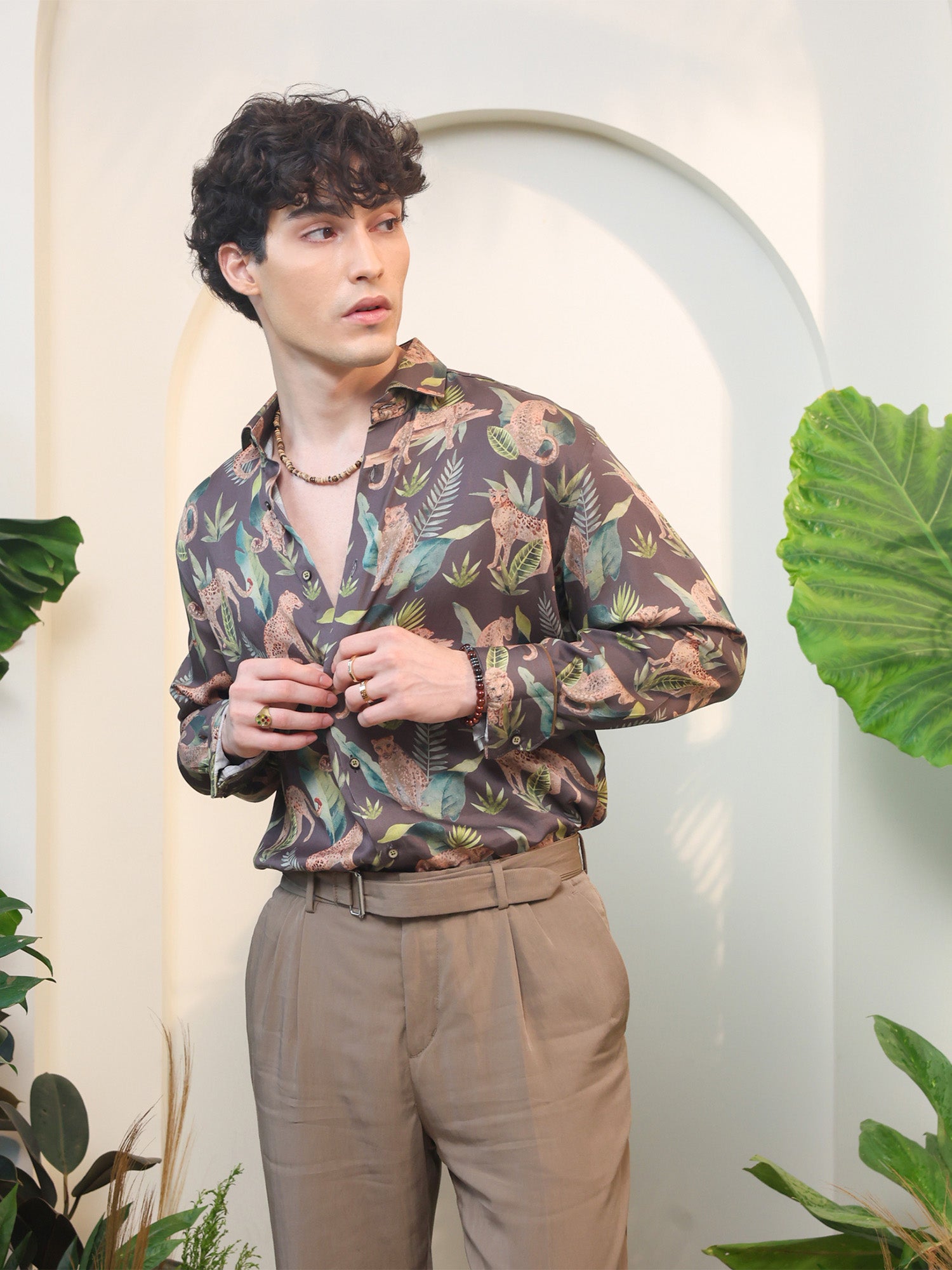 Brown Leopard & Floral Print Full Sleeve Shirt