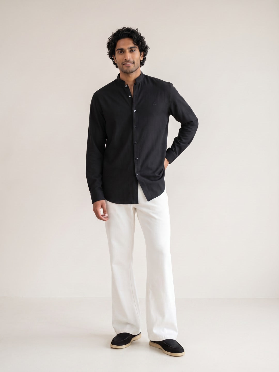 Black Japanese-Boomariyo Slim Fit Shirt with Chinese Collar, Plain/Embroidery