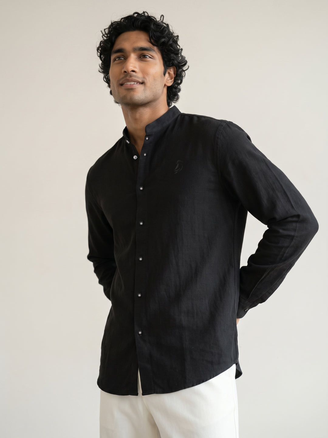 Black Japanese-Boomariyo Slim Fit Shirt with Chinese Collar, Plain/Embroidery