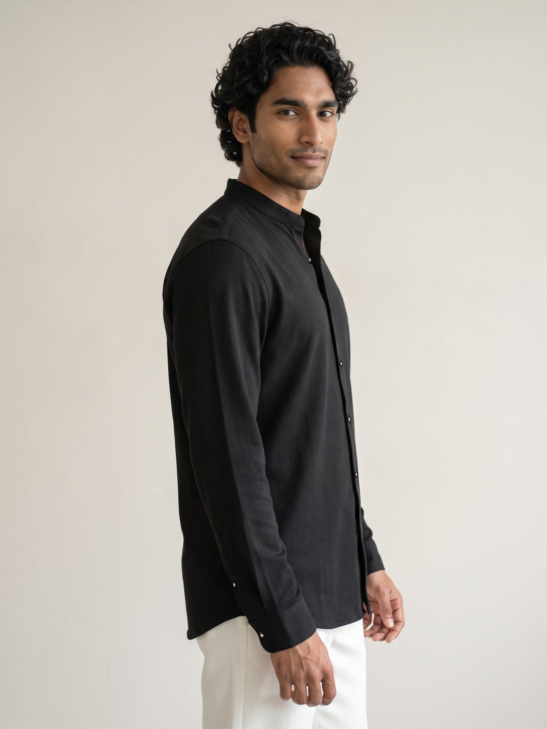 Black Japanese-Boomariyo Slim Fit Shirt with Chinese Collar, Plain/Embroidery