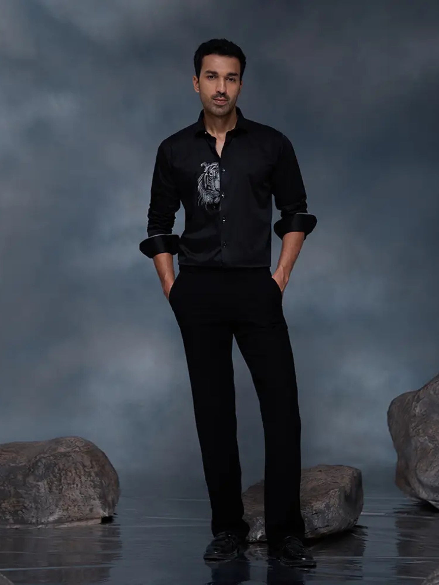 Black Tiger Motif Embroidered Premium Cotton Slim Fit Shirt