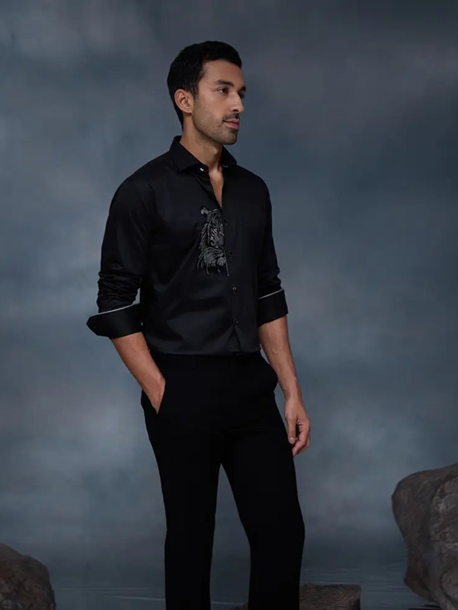 Black Tiger Motif Embroidered Premium Cotton Slim Fit Shirt