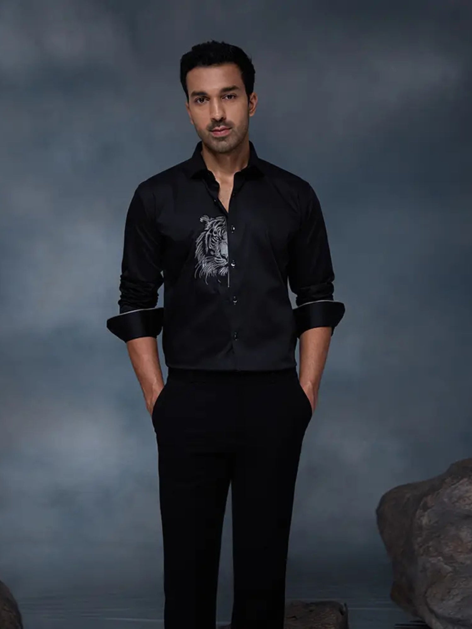 Black Tiger Motif Embroidered Premium Cotton Slim Fit Shirt