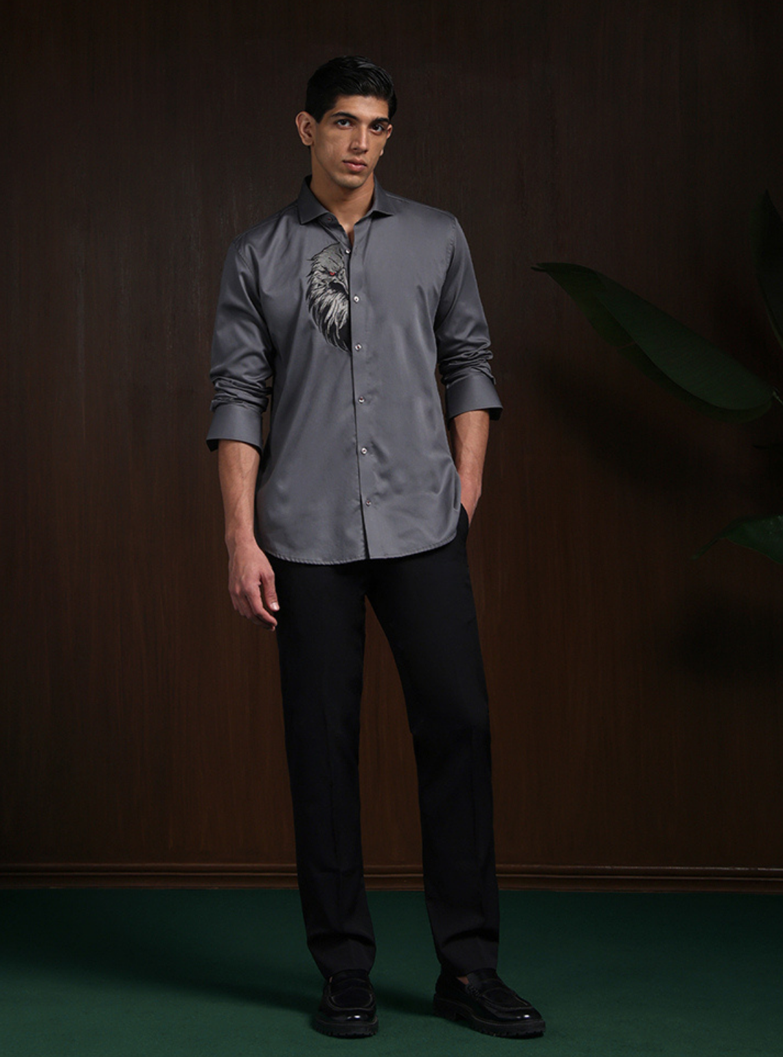 Dark Grey Slim Fit Cotton Shirt with Sophisticated Embroidery