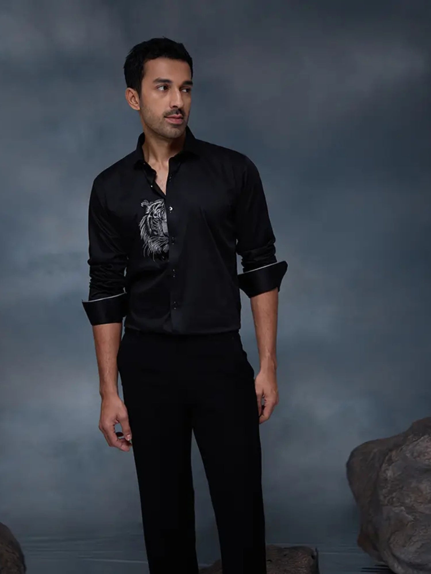 Black Tiger Motif Embroidered Premium Cotton Slim Fit Shirt