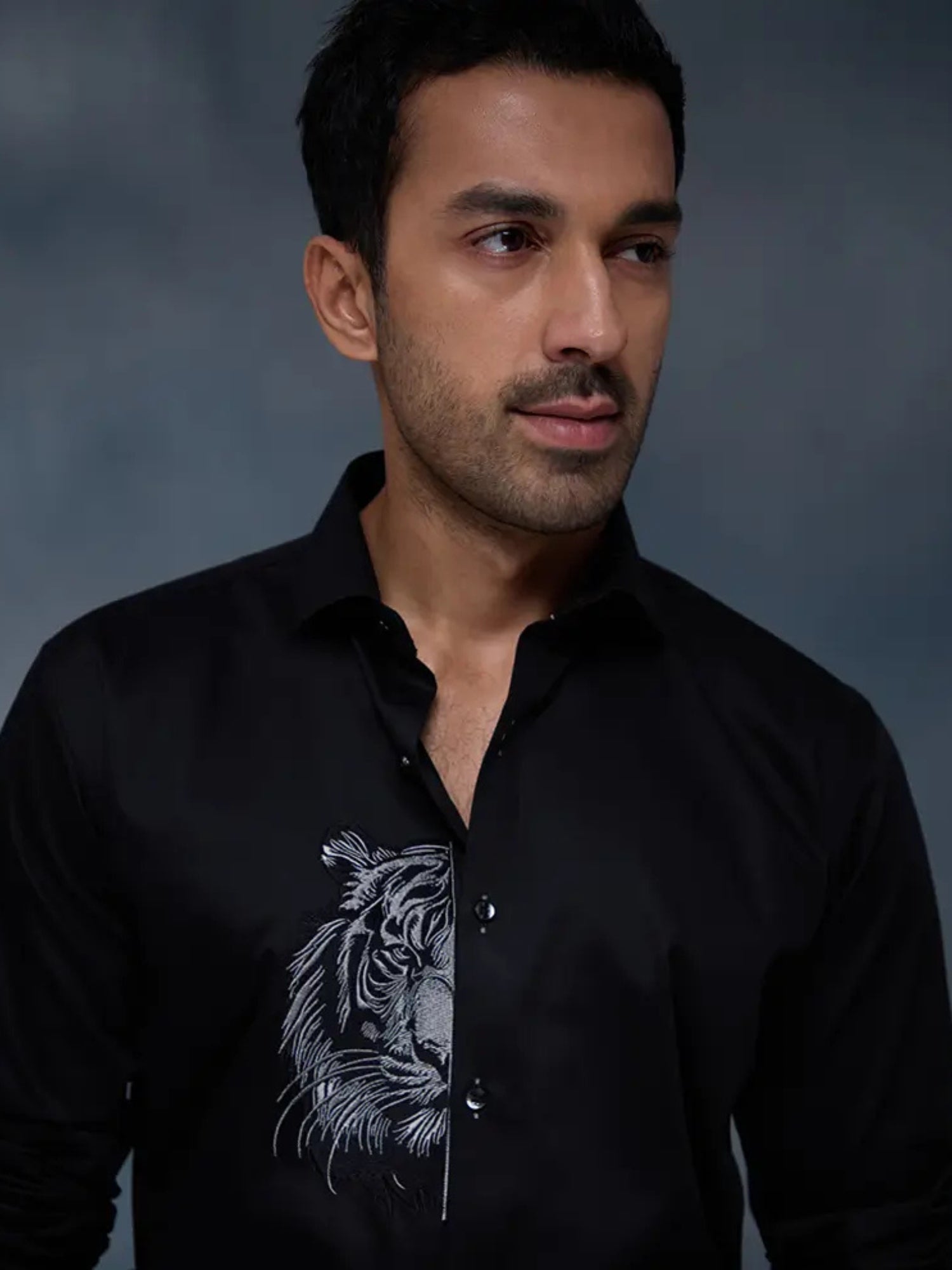 Black Tiger Motif Embroidered Premium Cotton Slim Fit Shirt