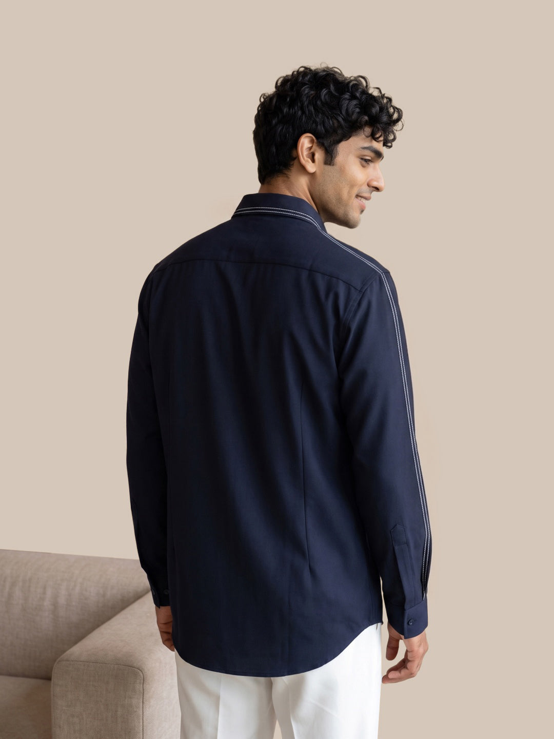 Navy Japanese-Boomariyo Slim Fit Cut & Sew Shirt with Geometric Star Embroidery