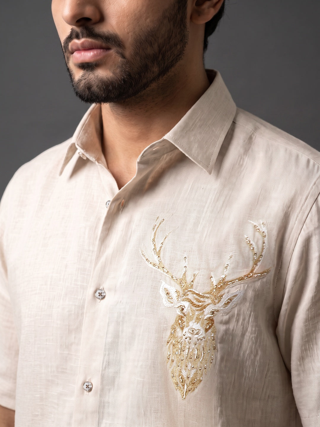 Beige Linen Regular Fit Half-Sleeve Shirt with Hand & Machine Work