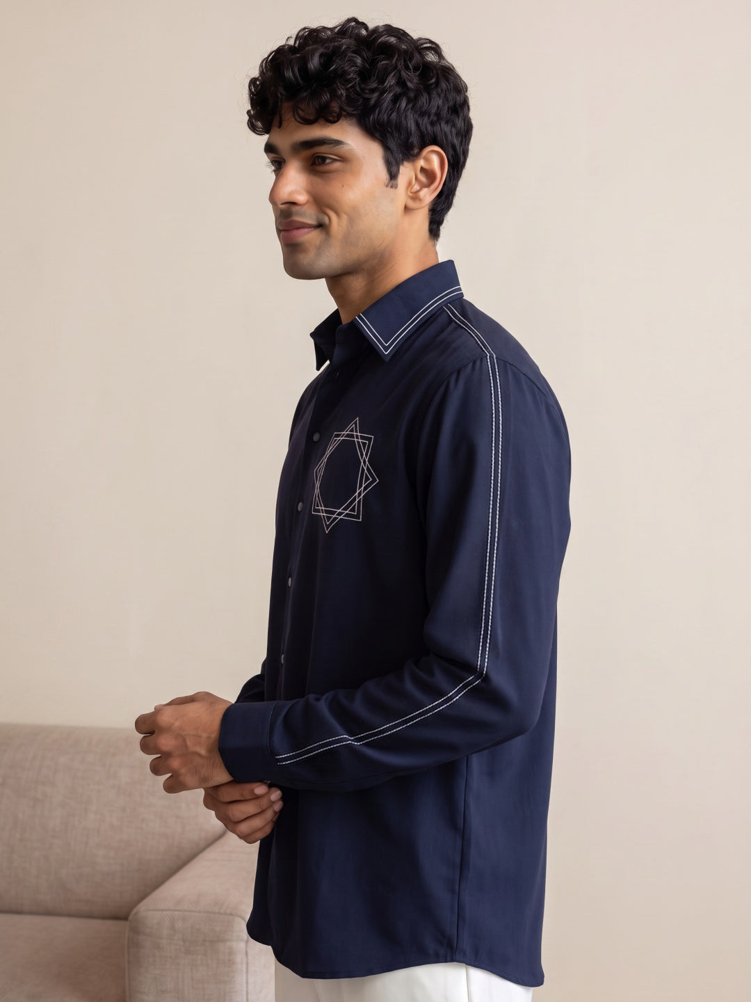 Navy Japanese-Boomariyo Slim Fit Cut & Sew Shirt with Geometric Star Embroidery