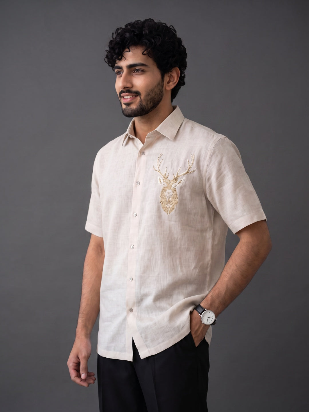 Beige Linen Regular Fit Half-Sleeve Shirt with Hand & Machine Work
