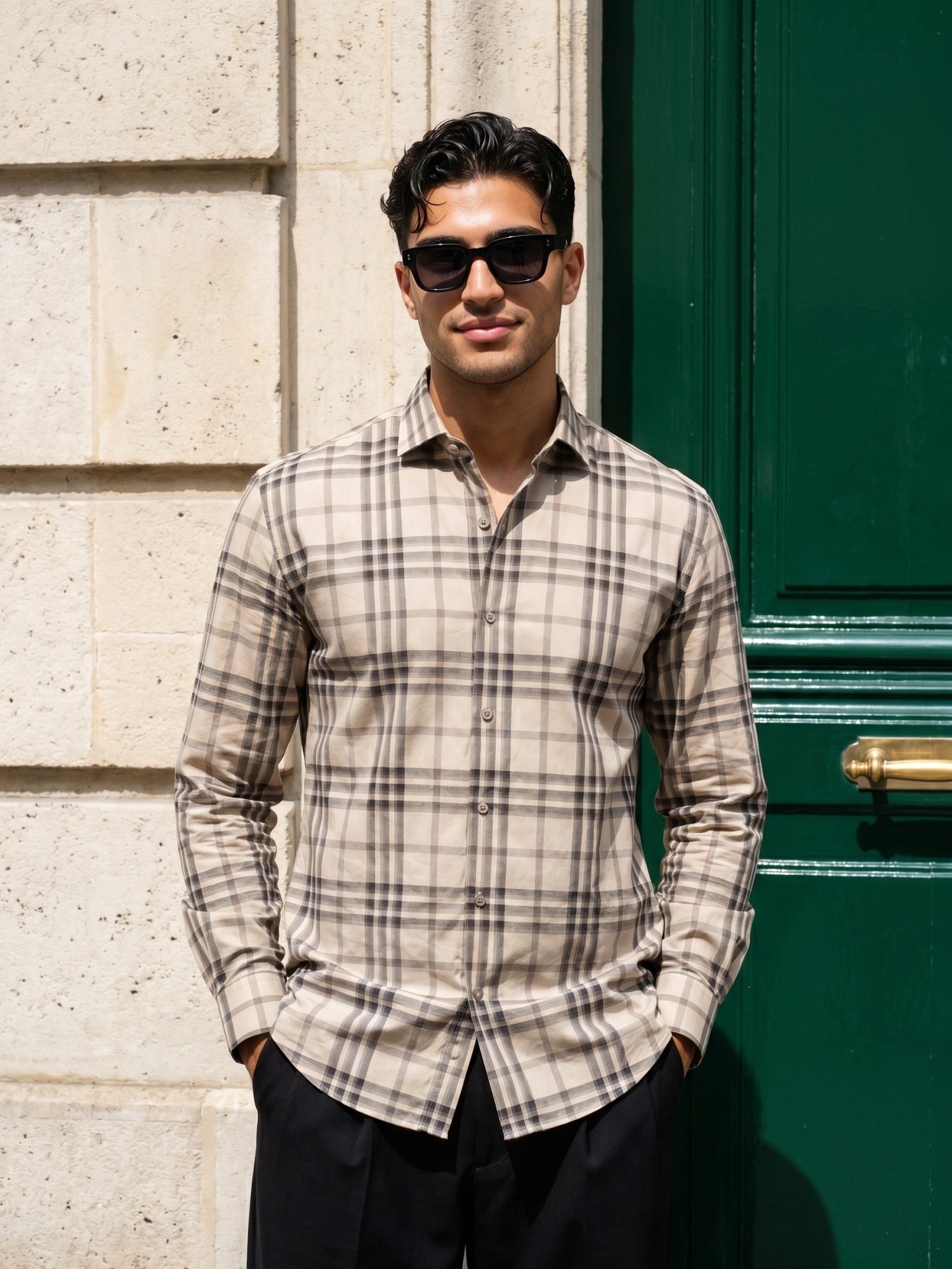 Grey Checks Slim Fit Cotton Shirt For Men