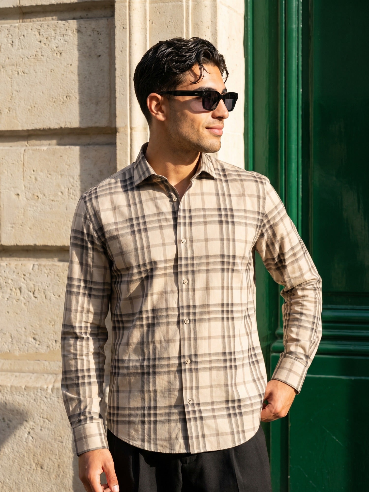 Grey Checks Slim Fit Cotton Shirt For Men