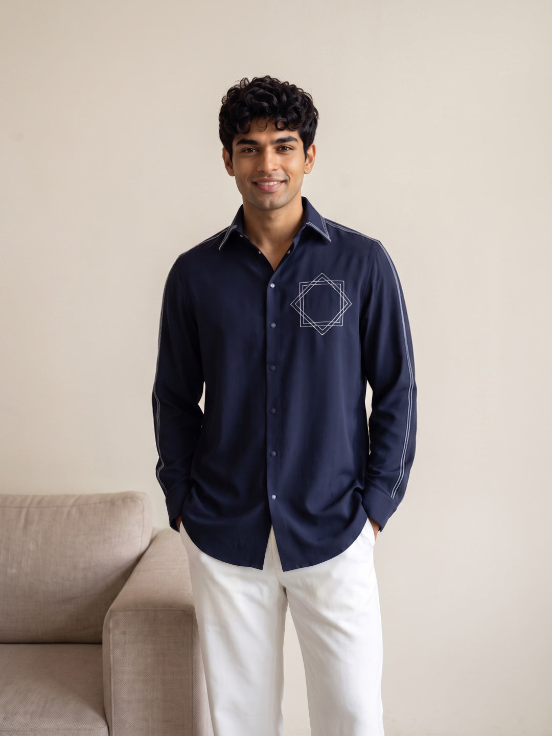 Navy Japanese-Boomariyo Slim Fit Cut & Sew Shirt with Geometric Star Embroidery