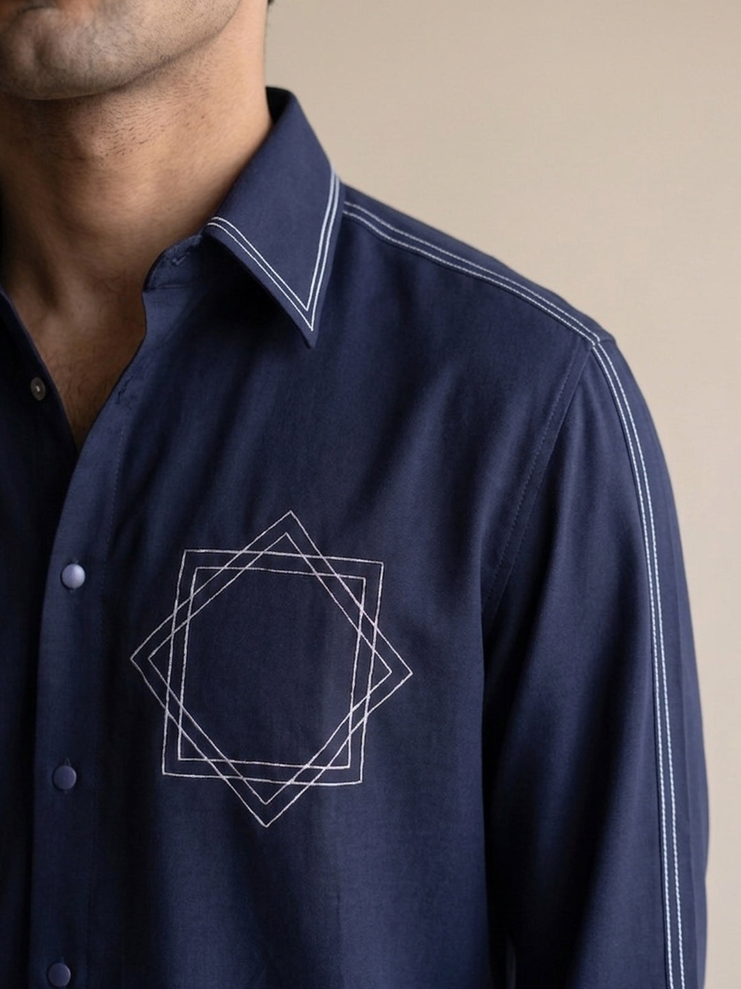 Navy Japanese-Boomariyo Slim Fit Cut & Sew Shirt with Geometric Star Embroidery