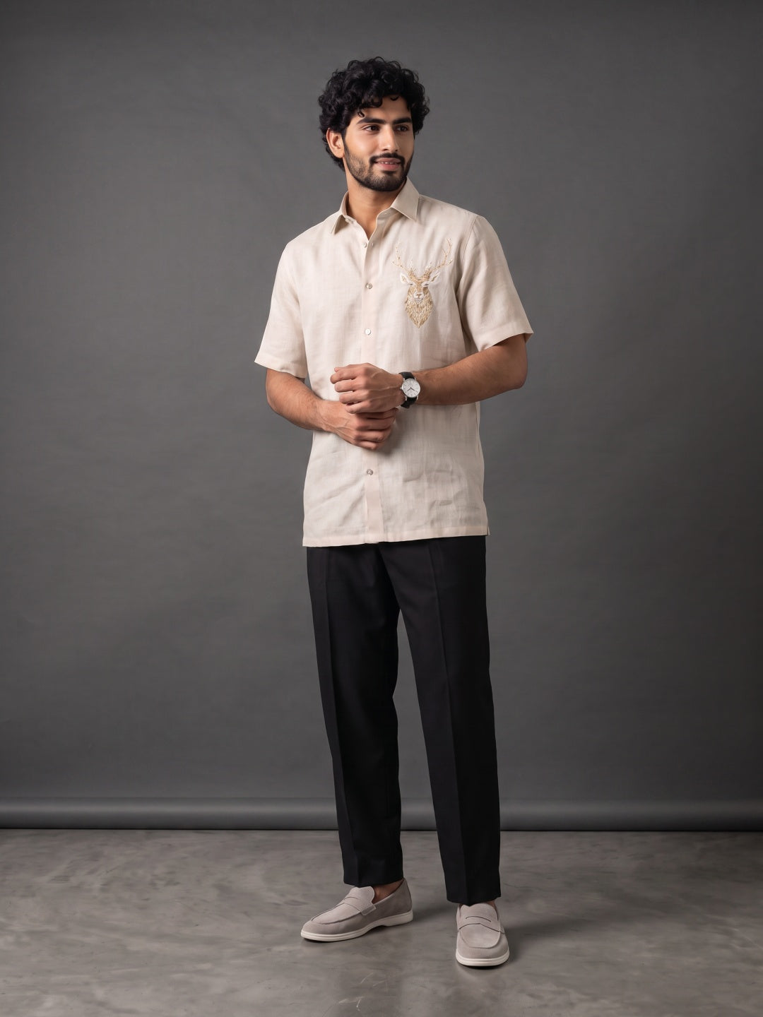 Beige Linen Regular Fit Half-Sleeve Shirt with Hand & Machine Work