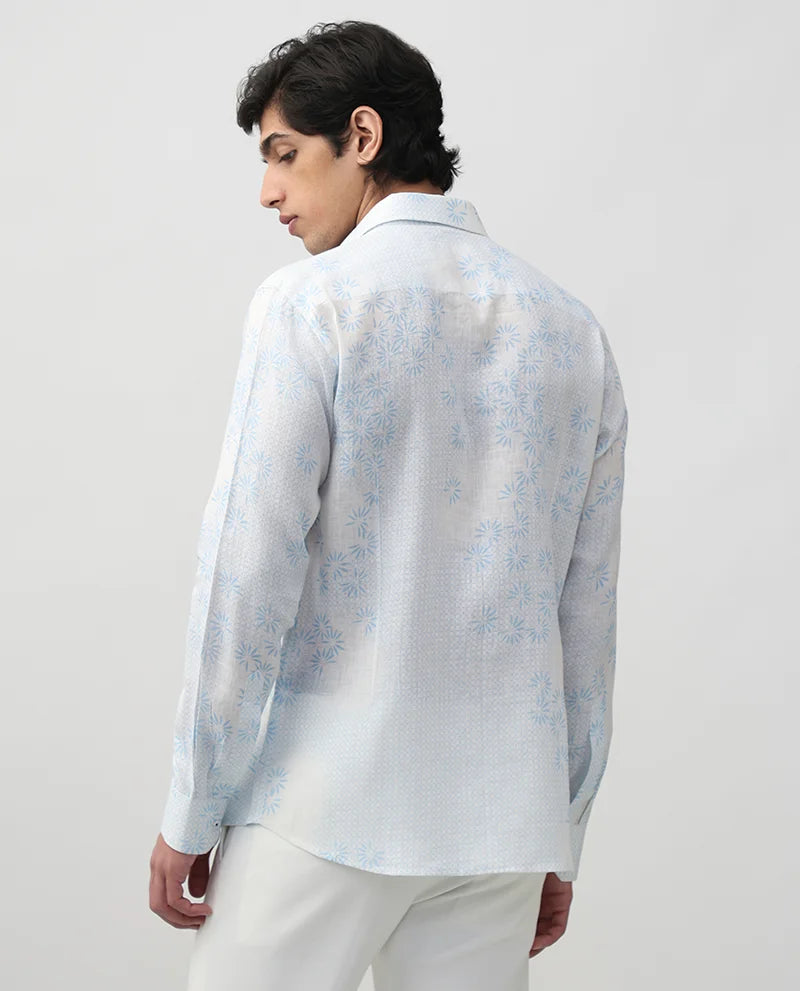 Sky Blue Linen Slim Fit Men's Printed Shirt