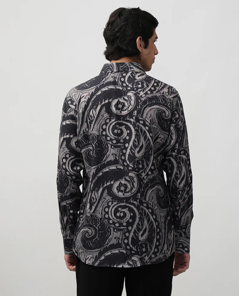 Men's Dark Grey Paisley Printed Tencel Party Wear Shirt