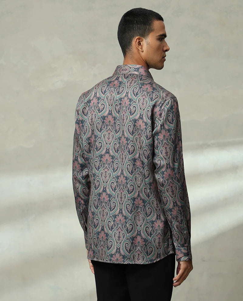 Peacock Print Green Full Sleeves Men's Cotton Shirt