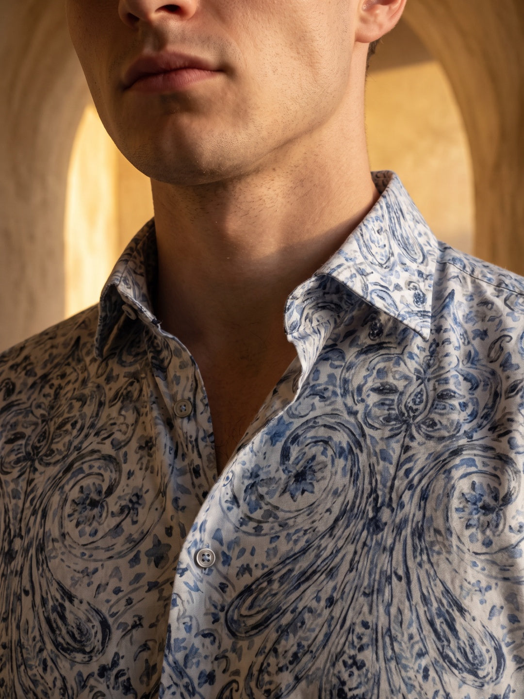 Sky Blue Tencel Slim Fit Printed Shirt