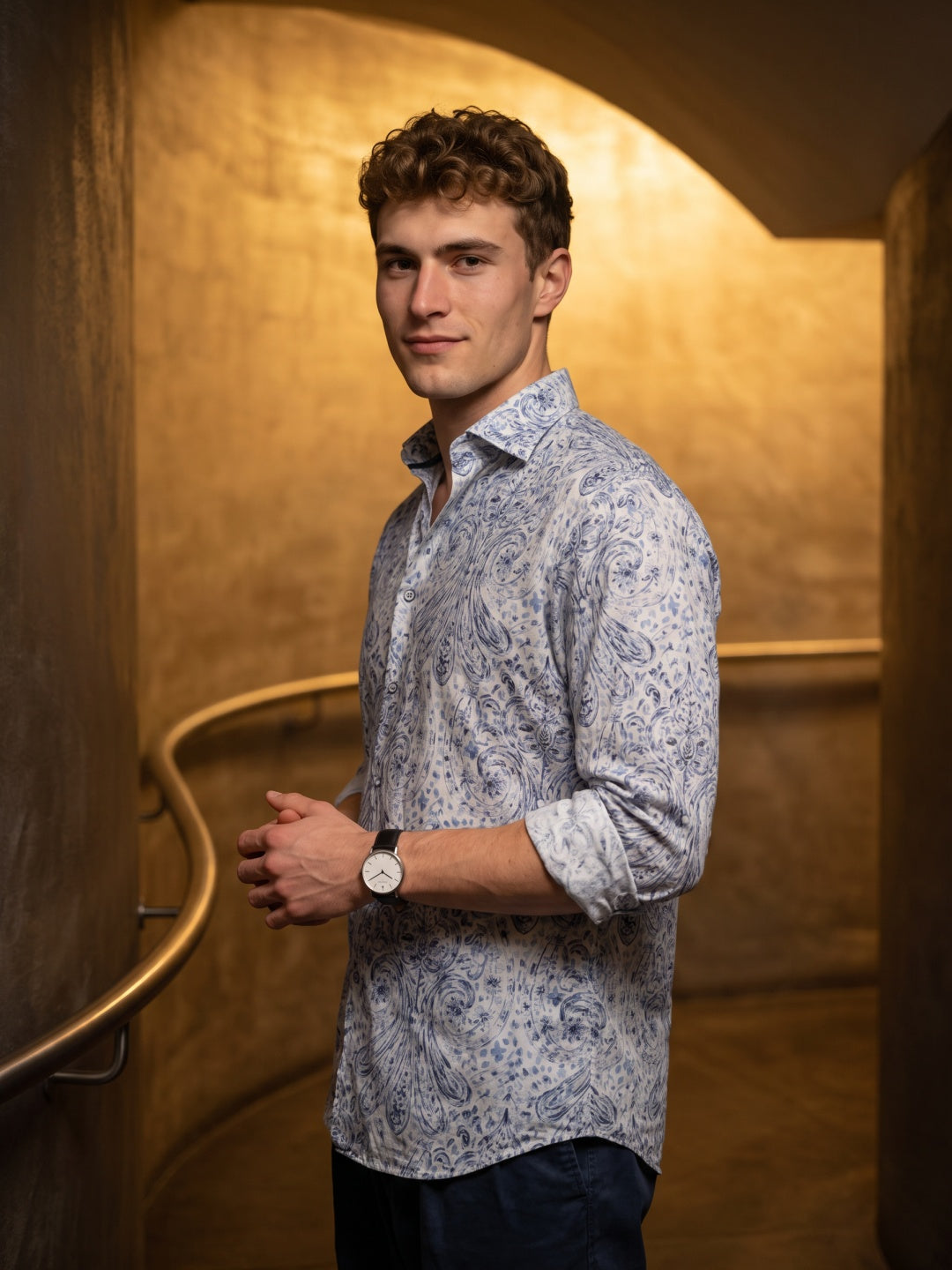Sky Blue Tencel Slim Fit Printed Shirt