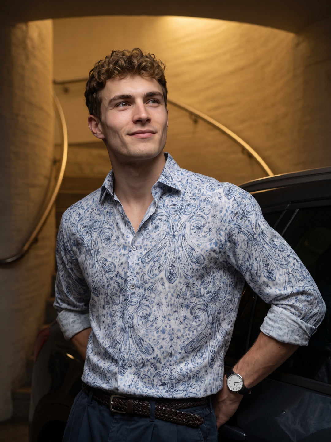 Sky Blue Tencel Slim Fit Printed Shirt