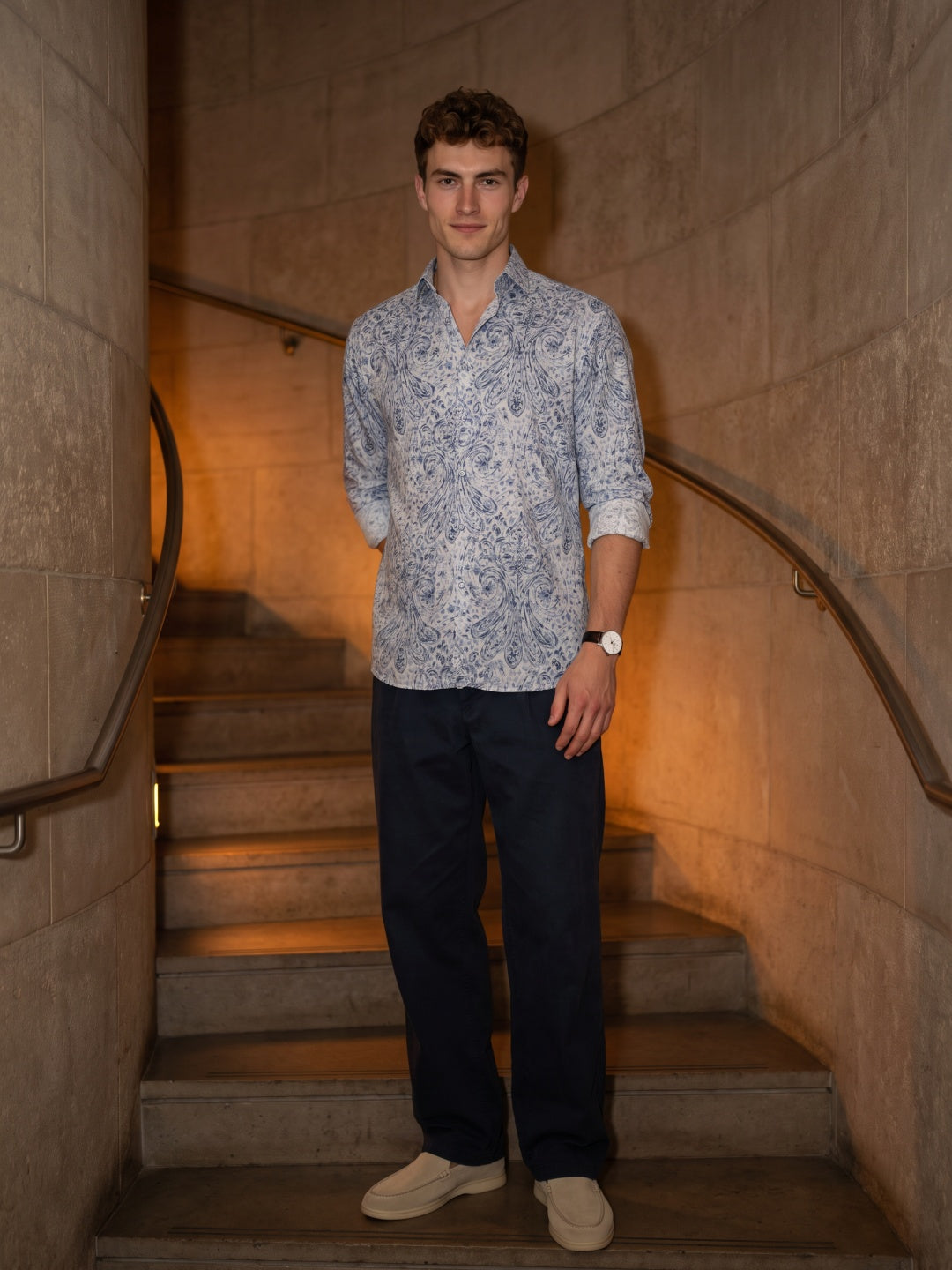 Sky Blue Tencel Slim Fit Printed Shirt