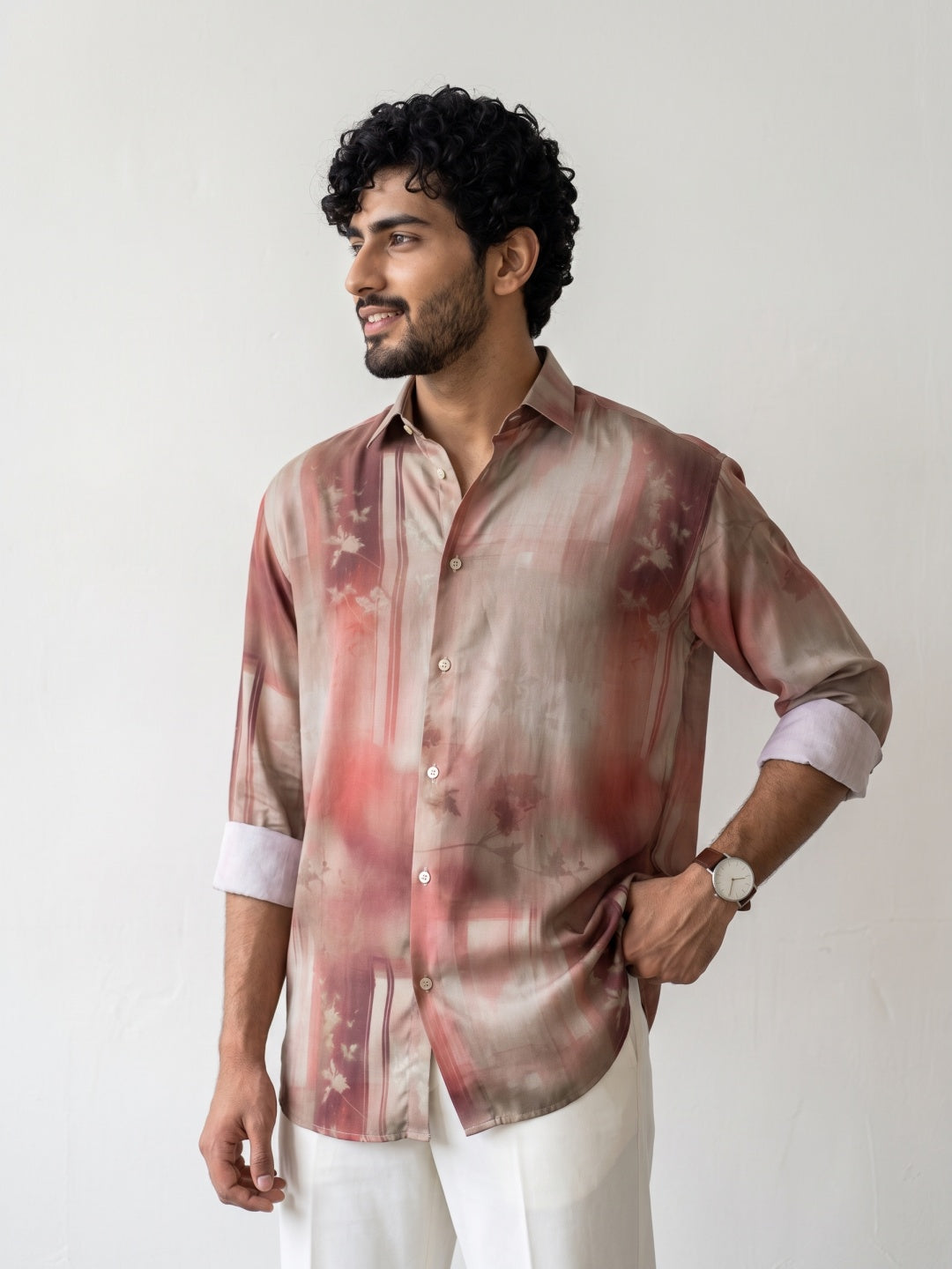 Rust Abstract Botanical Printed Tencel Slim Fit Shirt
