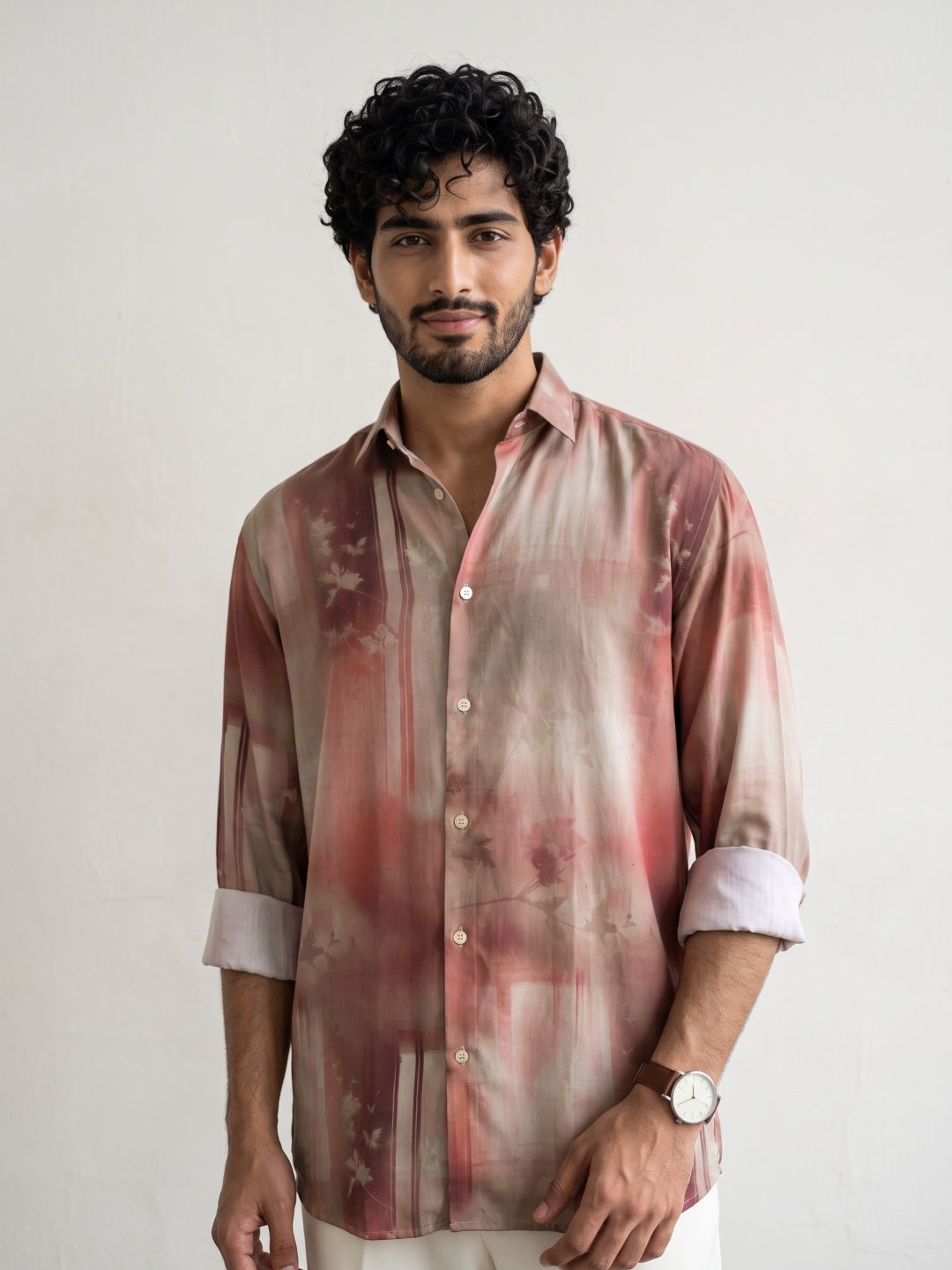 Rust Abstract Botanical Printed Tencel Slim Fit Shirt